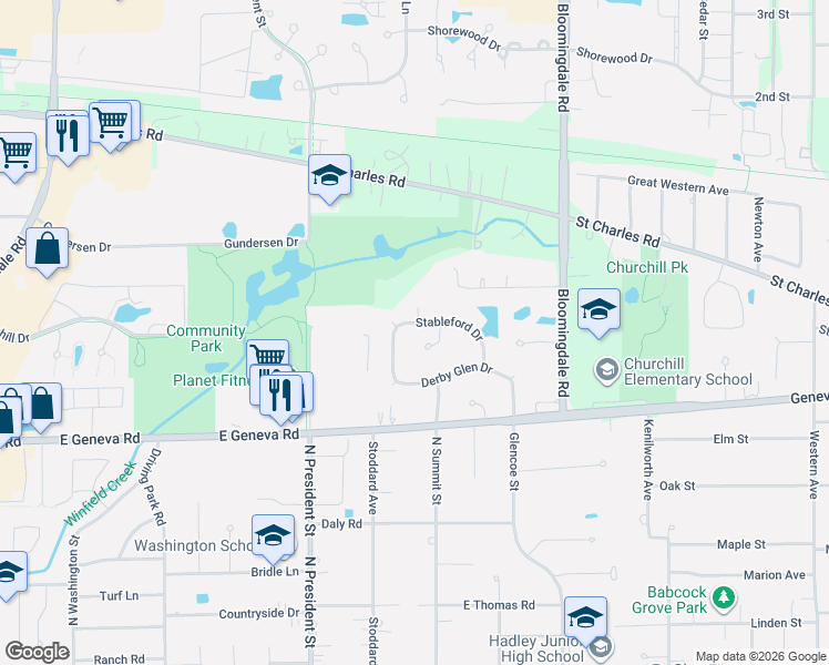 map of restaurants, bars, coffee shops, grocery stores, and more near 138 Stableford Drive in Glen Ellyn