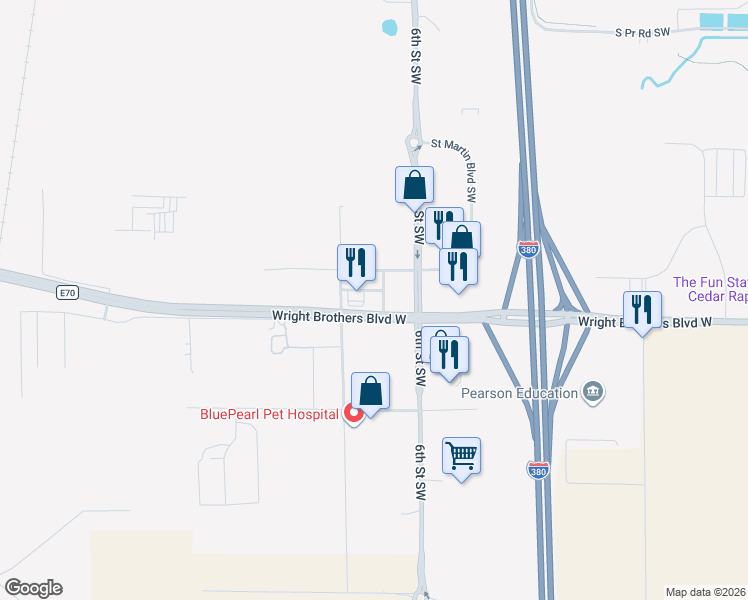 map of restaurants, bars, coffee shops, grocery stores, and more near 9125 Atlantic Drive Southwest in Cedar Rapids