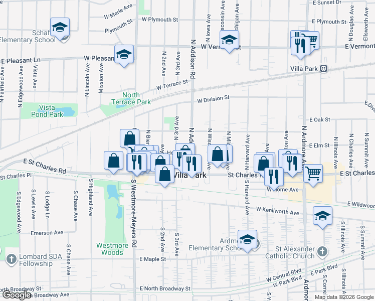map of restaurants, bars, coffee shops, grocery stores, and more near 406 Holly Court in Villa Park