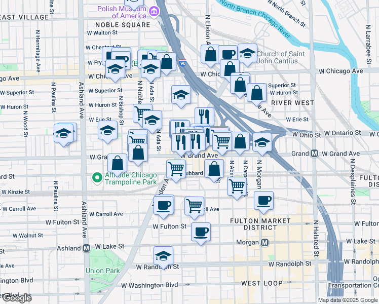 map of restaurants, bars, coffee shops, grocery stores, and more near 532 North Ogden Avenue in Chicago