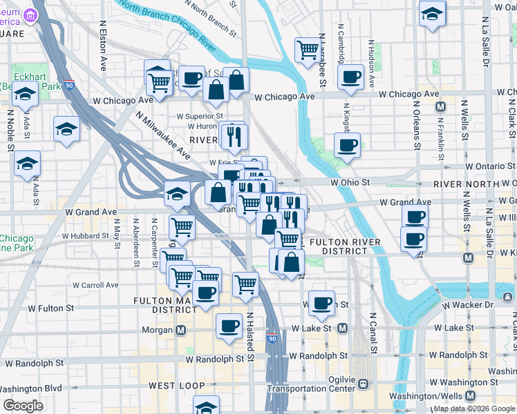 map of restaurants, bars, coffee shops, grocery stores, and more near 726 West Grand Avenue in Chicago