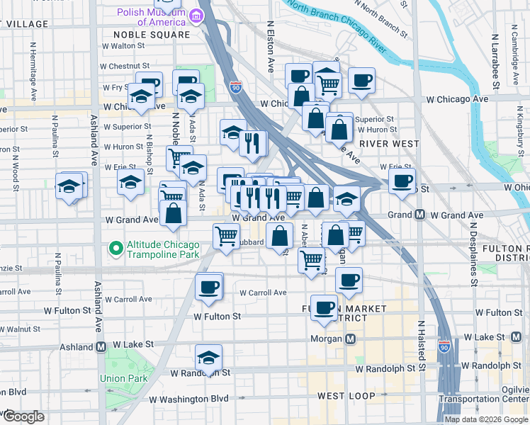 map of restaurants, bars, coffee shops, grocery stores, and more near 529 North Racine Avenue in Chicago