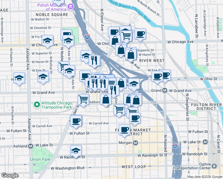 map of restaurants, bars, coffee shops, grocery stores, and more near 1123 West Ohio Street in Chicago