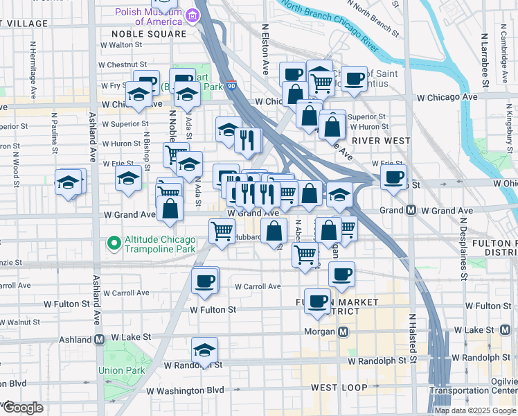 map of restaurants, bars, coffee shops, grocery stores, and more near 529 North Racine Avenue in Chicago