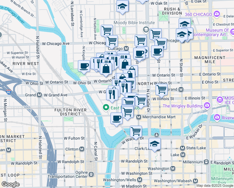 map of restaurants, bars, coffee shops, grocery stores, and more near 333 West Grand Avenue in Chicago