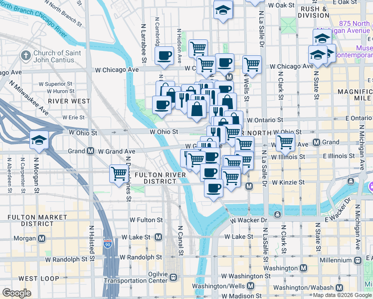 map of restaurants, bars, coffee shops, grocery stores, and more near 420 West Grand Avenue in Chicago