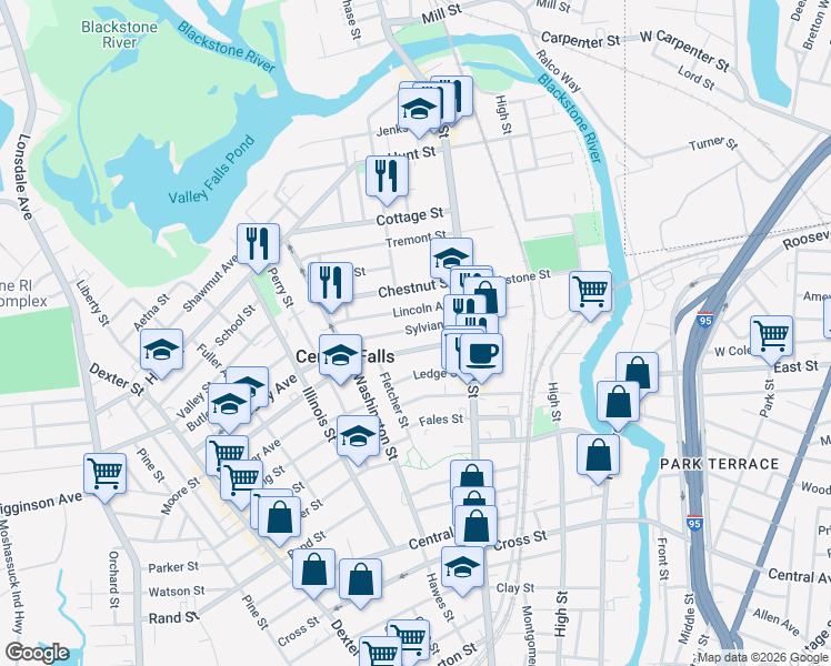 map of restaurants, bars, coffee shops, grocery stores, and more near 72 Sylvian Street in Central Falls
