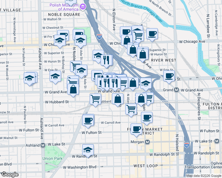 map of restaurants, bars, coffee shops, grocery stores, and more near 1162 West Grand Avenue in Chicago