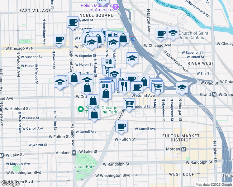 map of restaurants, bars, coffee shops, grocery stores, and more near 528 North Ada Street in Chicago
