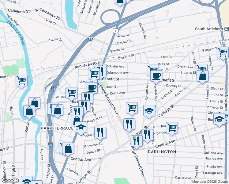 map of restaurants, bars, coffee shops, grocery stores, and more near 60 John Street in Pawtucket