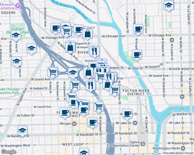 map of restaurants, bars, coffee shops, grocery stores, and more near 506 North Milwaukee Avenue in Chicago