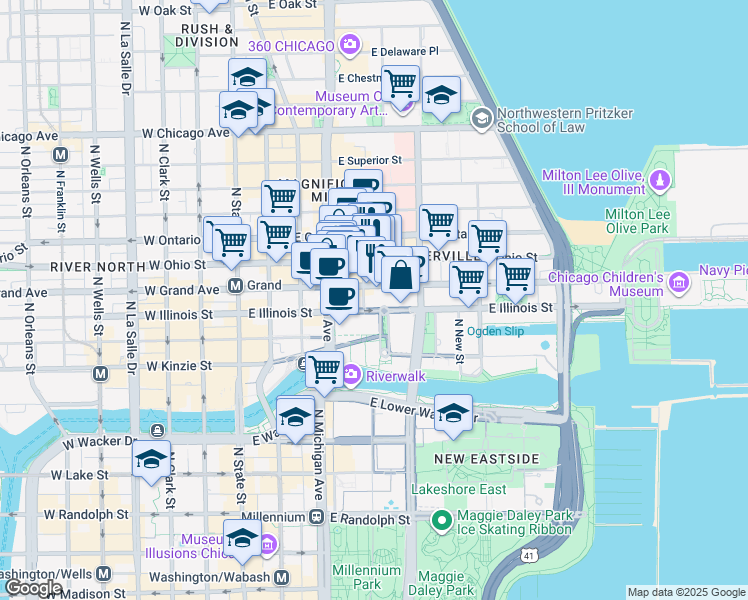 map of restaurants, bars, coffee shops, grocery stores, and more near 200 East Illinois Street in Chicago