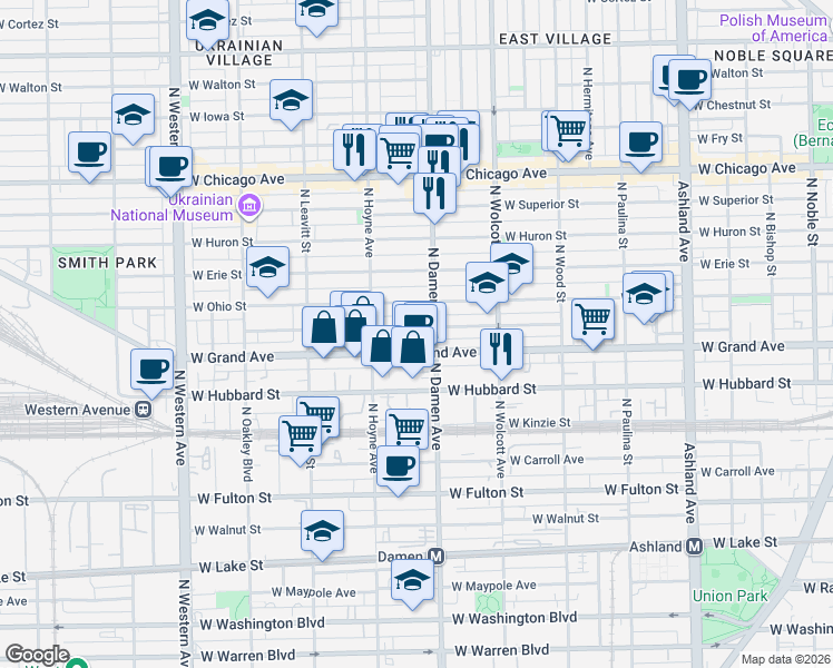 map of restaurants, bars, coffee shops, grocery stores, and more near 2025 West Ohio Street in Chicago