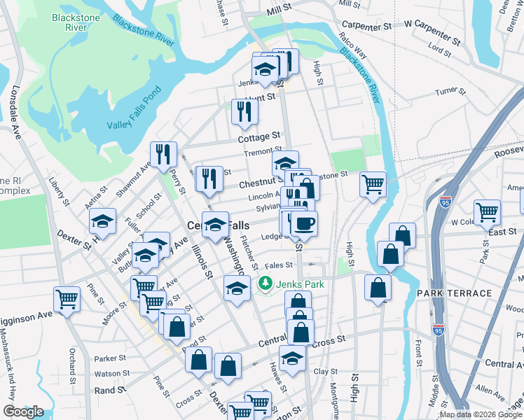 map of restaurants, bars, coffee shops, grocery stores, and more near 65 Lincoln Avenue in Central Falls