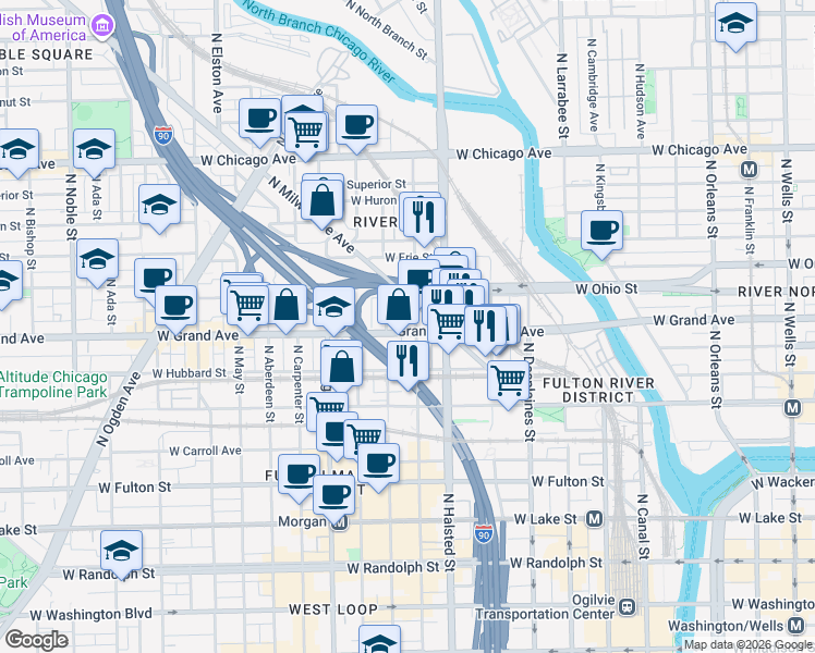 map of restaurants, bars, coffee shops, grocery stores, and more near 849 West Ohio Street in Chicago