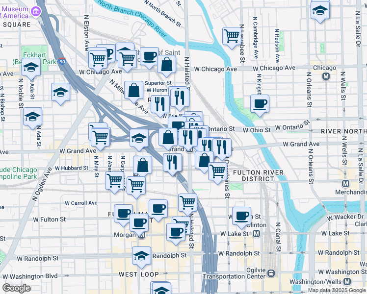 map of restaurants, bars, coffee shops, grocery stores, and more near 506 North Milwaukee Avenue in Chicago