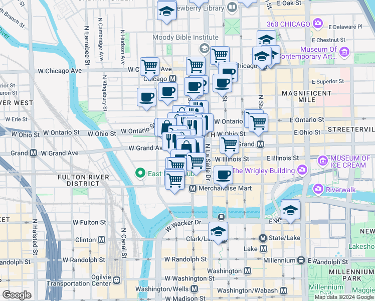 map of restaurants, bars, coffee shops, grocery stores, and more near in Chicago