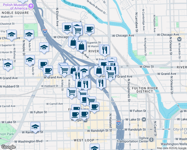 map of restaurants, bars, coffee shops, grocery stores, and more near 579 West Grant Place in Chicago