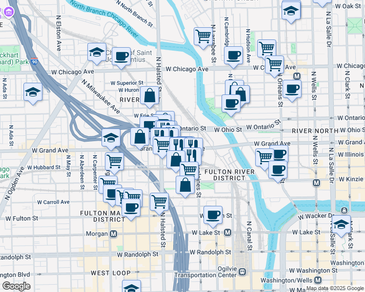 map of restaurants, bars, coffee shops, grocery stores, and more near 692 West Grand Avenue in Chicago