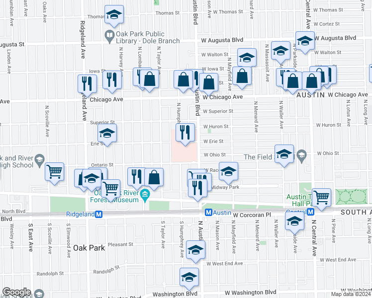 map of restaurants, bars, coffee shops, grocery stores, and more near 3 Erie Street in Oak Park