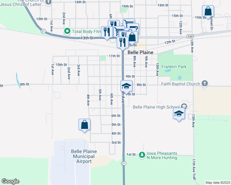 map of restaurants, bars, coffee shops, grocery stores, and more near 712 7th Avenue in Belle Plaine