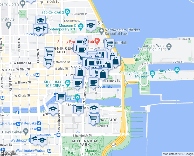 map of restaurants, bars, coffee shops, grocery stores, and more near 342 East Illinois Street in Chicago