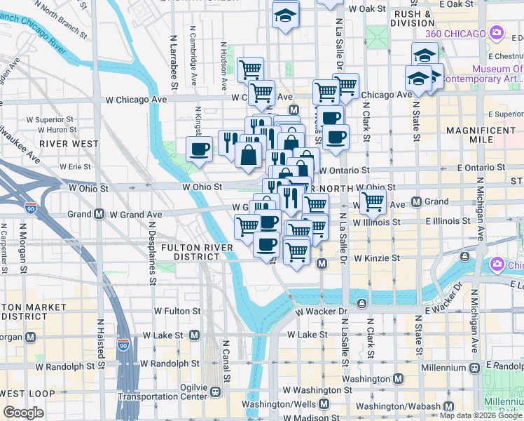 map of restaurants, bars, coffee shops, grocery stores, and more near 369 West Grand Avenue in Chicago