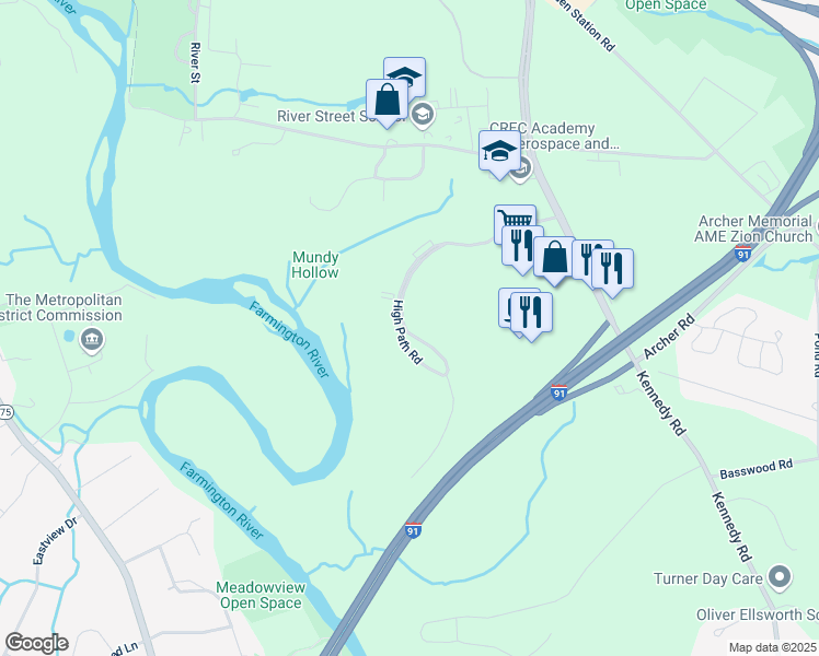 map of restaurants, bars, coffee shops, grocery stores, and more near 215 High Path Road in Windsor