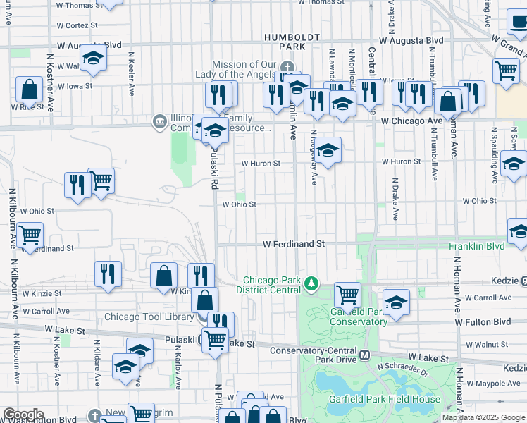 map of restaurants, bars, coffee shops, grocery stores, and more near 3848 West Ohio Street in Chicago