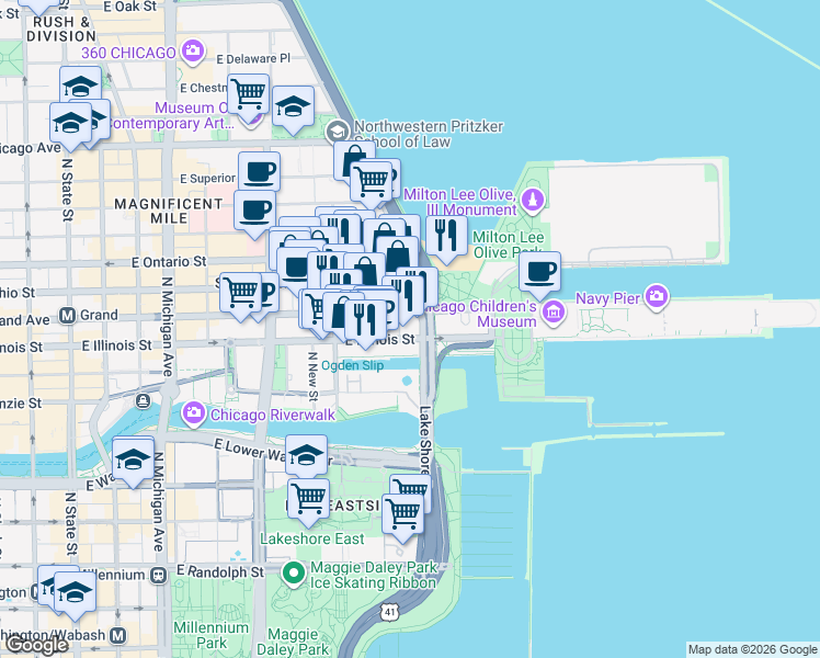 map of restaurants, bars, coffee shops, grocery stores, and more near 500 North Lake Shore Drive in Chicago