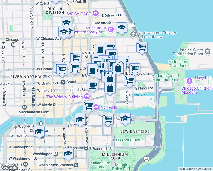 map of restaurants, bars, coffee shops, grocery stores, and more near 255 East Grand Avenue in Chicago