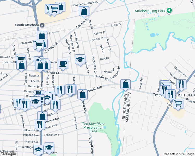 map of restaurants, bars, coffee shops, grocery stores, and more near 10 Rice Street in Pawtucket