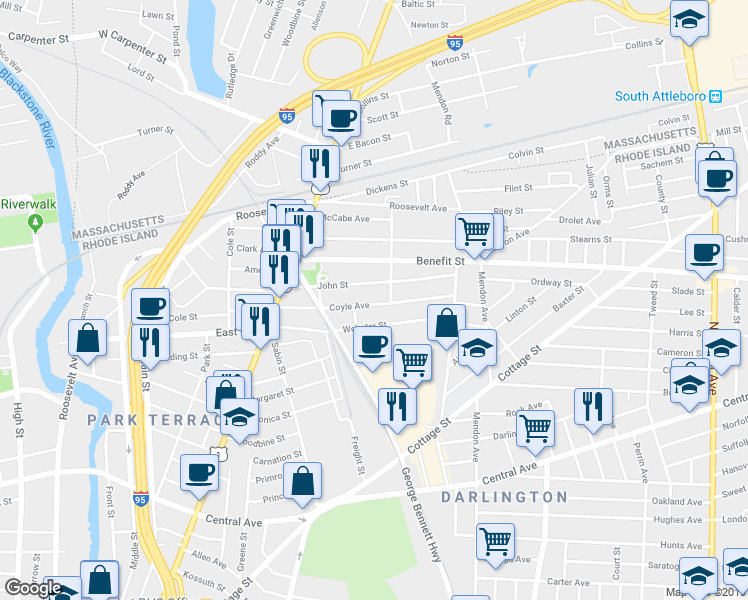 map of restaurants, bars, coffee shops, grocery stores, and more near 90 John Street in Pawtucket