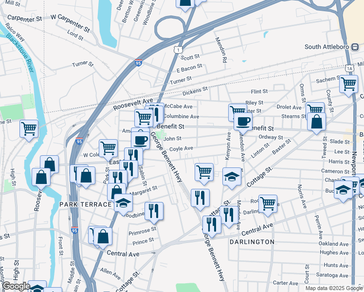 map of restaurants, bars, coffee shops, grocery stores, and more near 60 John Street in Pawtucket
