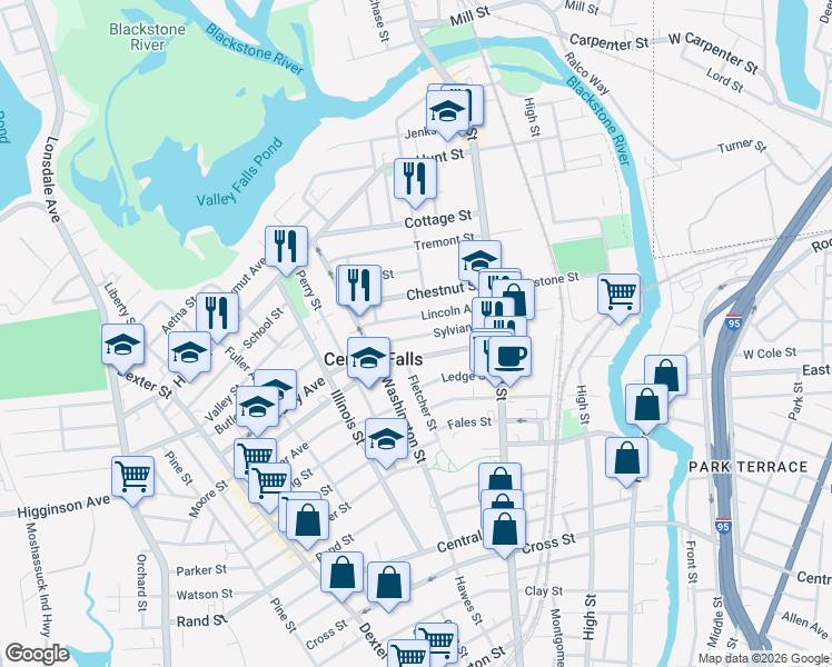map of restaurants, bars, coffee shops, grocery stores, and more near 111 Lincoln Avenue in Central Falls