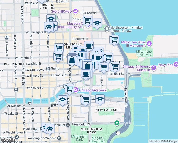 map of restaurants, bars, coffee shops, grocery stores, and more near 255 East Grand Avenue in Chicago