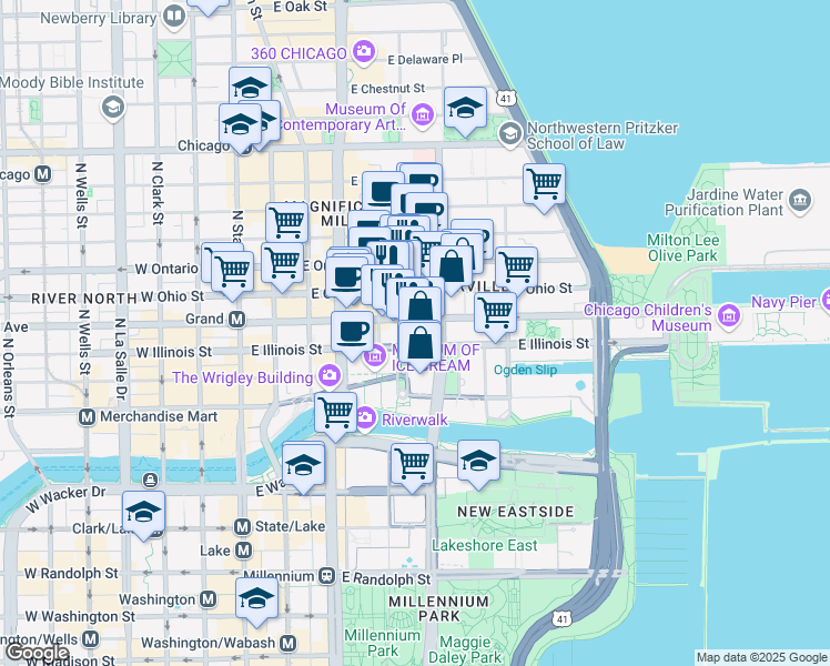 map of restaurants, bars, coffee shops, grocery stores, and more near 255 East Grand Avenue in Chicago
