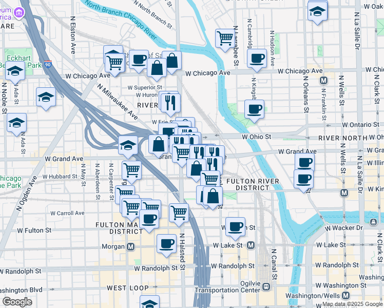 map of restaurants, bars, coffee shops, grocery stores, and more near 717 West Ohio Street in Chicago