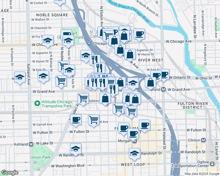map of restaurants, bars, coffee shops, grocery stores, and more near 1123 West Ohio Street in Chicago