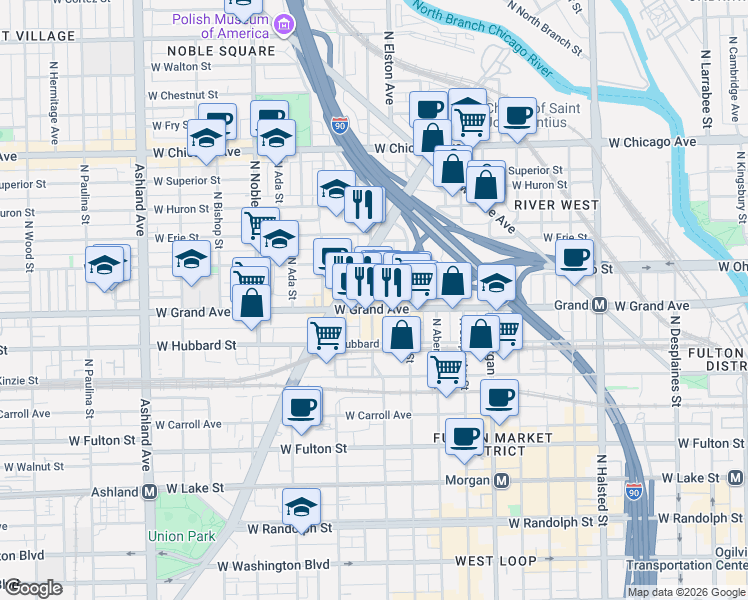 map of restaurants, bars, coffee shops, grocery stores, and more near 529 North Racine Avenue in Chicago