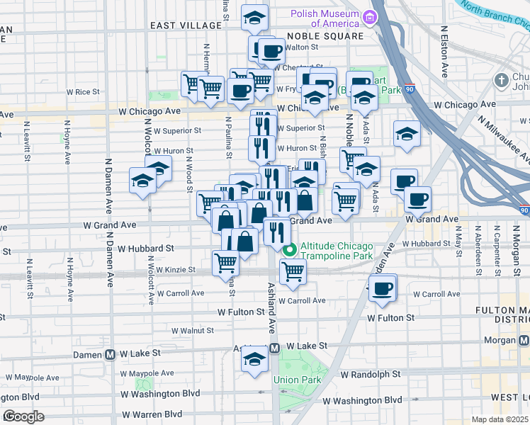 map of restaurants, bars, coffee shops, grocery stores, and more near 532 North Ashland Avenue in Chicago