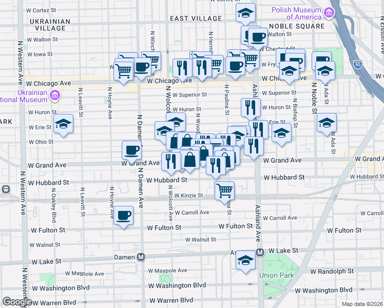map of restaurants, bars, coffee shops, grocery stores, and more near 537 North Wood Street in Chicago