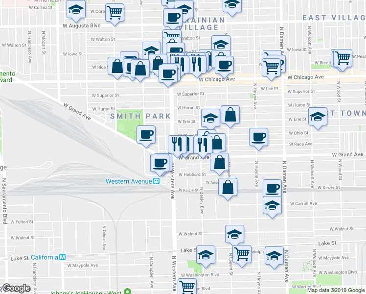 map of restaurants, bars, coffee shops, grocery stores, and more near 536 North Claremont Avenue in Chicago