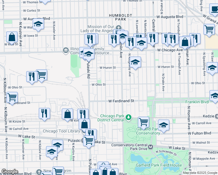 map of restaurants, bars, coffee shops, grocery stores, and more near 3848 West Ohio Street in Chicago