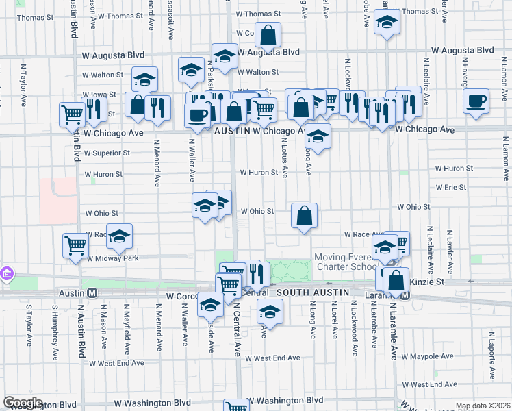 map of restaurants, bars, coffee shops, grocery stores, and more near 632 North Pine Avenue in Chicago