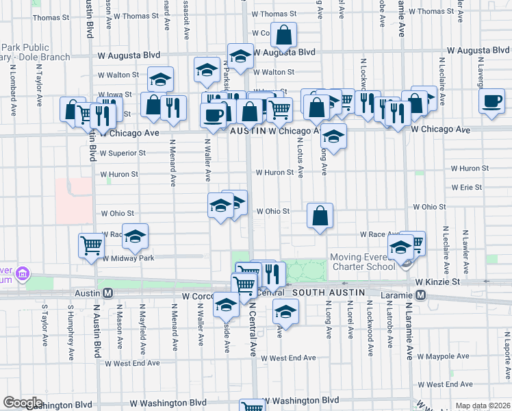 map of restaurants, bars, coffee shops, grocery stores, and more near 627 North Central Avenue in Chicago