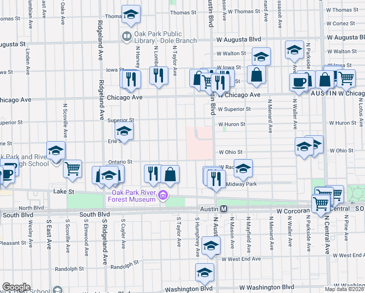 map of restaurants, bars, coffee shops, grocery stores, and more near 301 North Taylor Avenue in Oak Park
