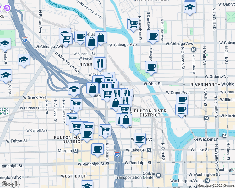 map of restaurants, bars, coffee shops, grocery stores, and more near 700 West Grand Avenue in Chicago