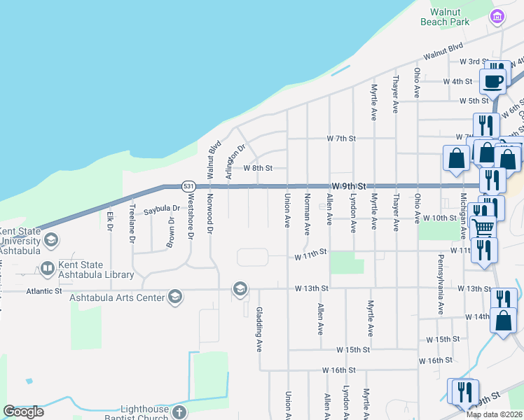 map of restaurants, bars, coffee shops, grocery stores, and more near 922 Eastwood Drive in Ashtabula