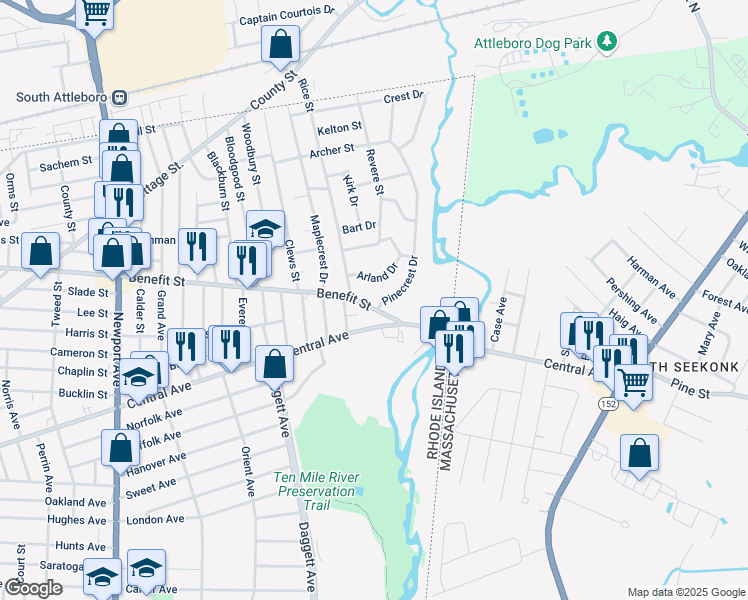 map of restaurants, bars, coffee shops, grocery stores, and more near 2 Pinecrest Drive in Pawtucket